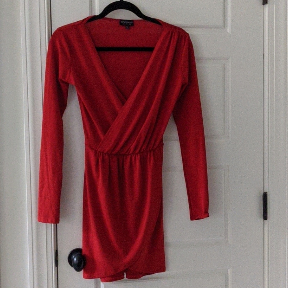 Topshop red v-neck mini dress with sleeves